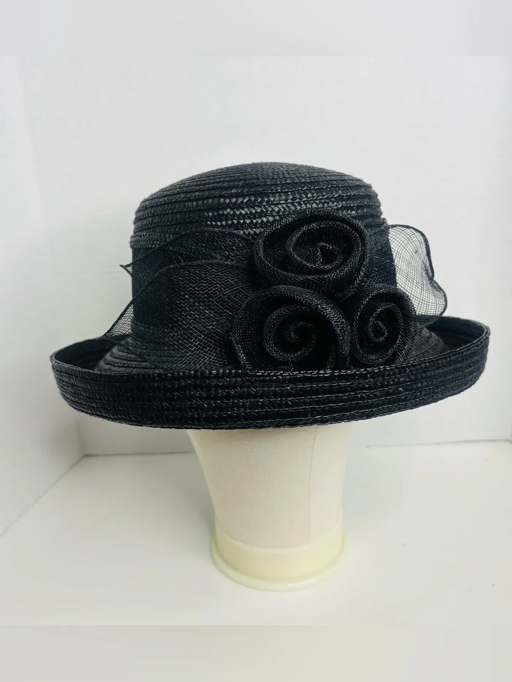 betmar Black Woven Dress Hat with Rosette Trio